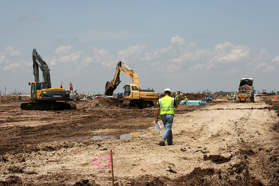 Greensburg, KS  June 11, 2007 -  Work on the group site in south Greensburg is progressing rapidly.  Plans are for as many as 350 units.  Photo by Greg Henshall / FEMA