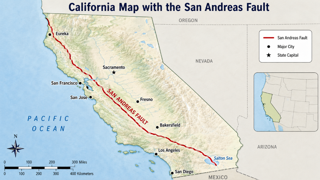 Wide educational map of California showing the San Andreas Fault highlighted in red from Northern California to the Salton Sea, with major cities, neighboring states, scale, compass, and legend.