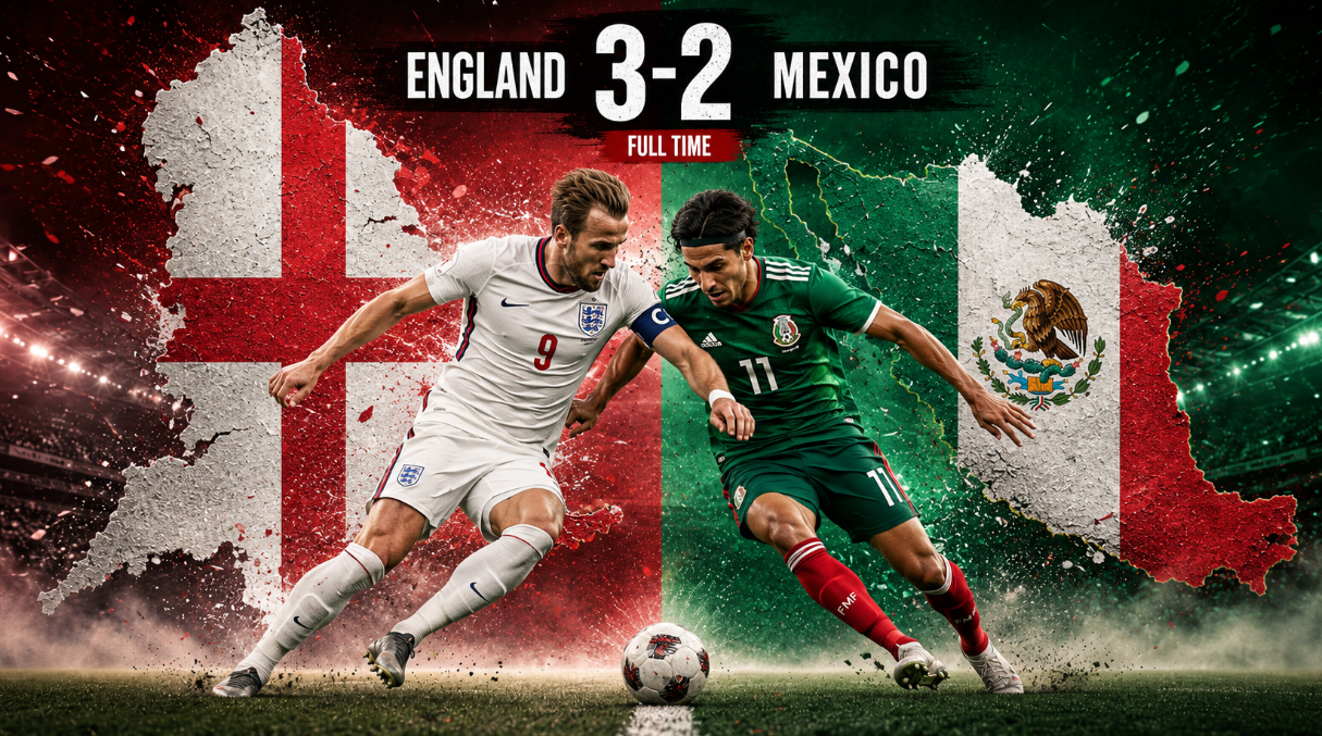 Wide split-screen soccer graphic showing England and Mexico maps behind two players battling for the ball, with a full-time score of England 3-2 Mexico.