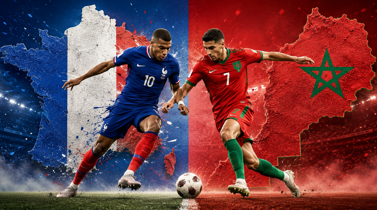 Wide split-screen soccer graphic showing a France map on the left and a Morocco map on the right, with players in blue and red kits competing for the ball at midfield.