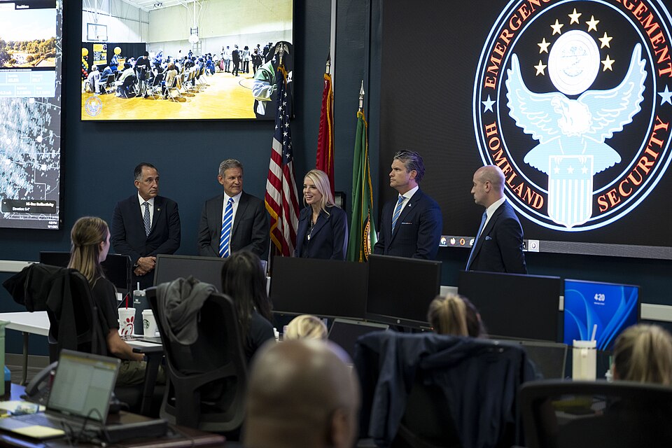 Secretary of War Pete Hegseth, U.S. Attorney General Pam Bondi, and White House Deputy Chief of Staff Stephen Miller speak to Tennessee Safe Task Force members in Memphis, Tn., Oct. 1, 2025. (DoW photo by U.S. Air Force Staff Sgt. Madelyn Keech)