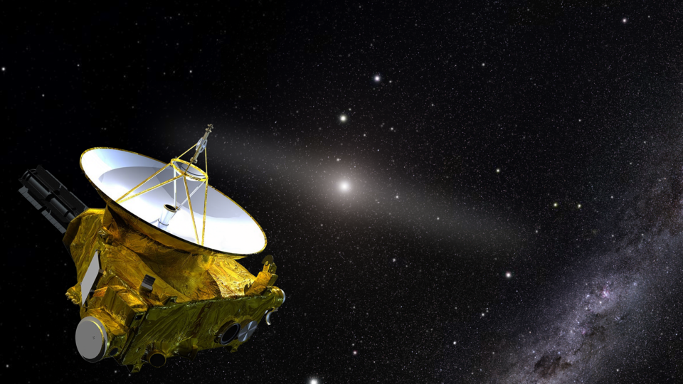 This artist’s illustration shows NASA’s New Horizons spacecraft in the outer solar system. In the background lies the Sun and a glowing band representing zodiacal light, caused by sunlight reflecting off of dust. By traveling beyond the inner solar system and its accompanying light pollution, New Ho