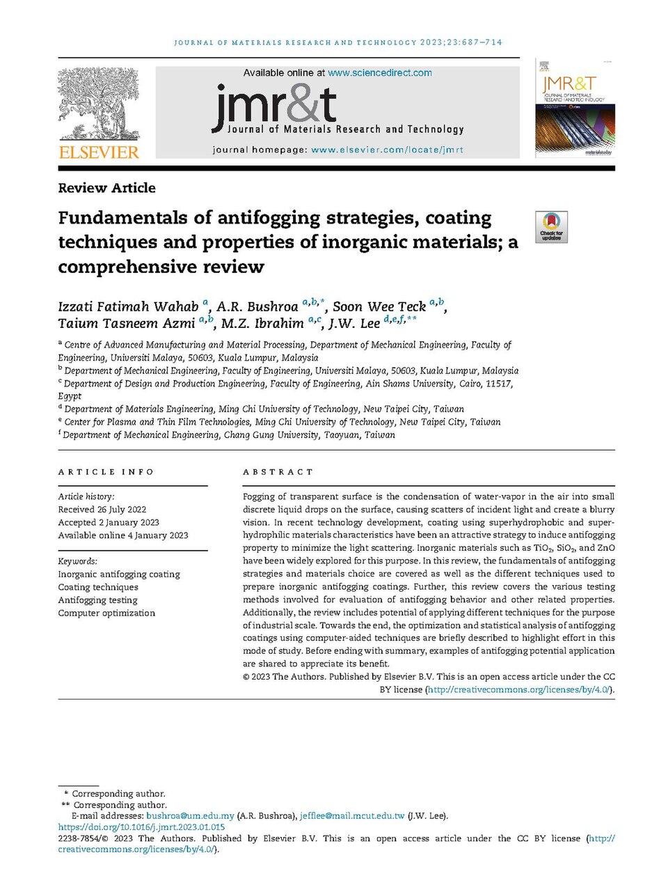 Fogging of transparent surface is the condensation of water-vapor in the air into small discrete liquid drops on the surface, causing scatters of incident light and create a blurry vision. In recent technology development, coating using superhydrophobic and superhydrophilic materials characteristics