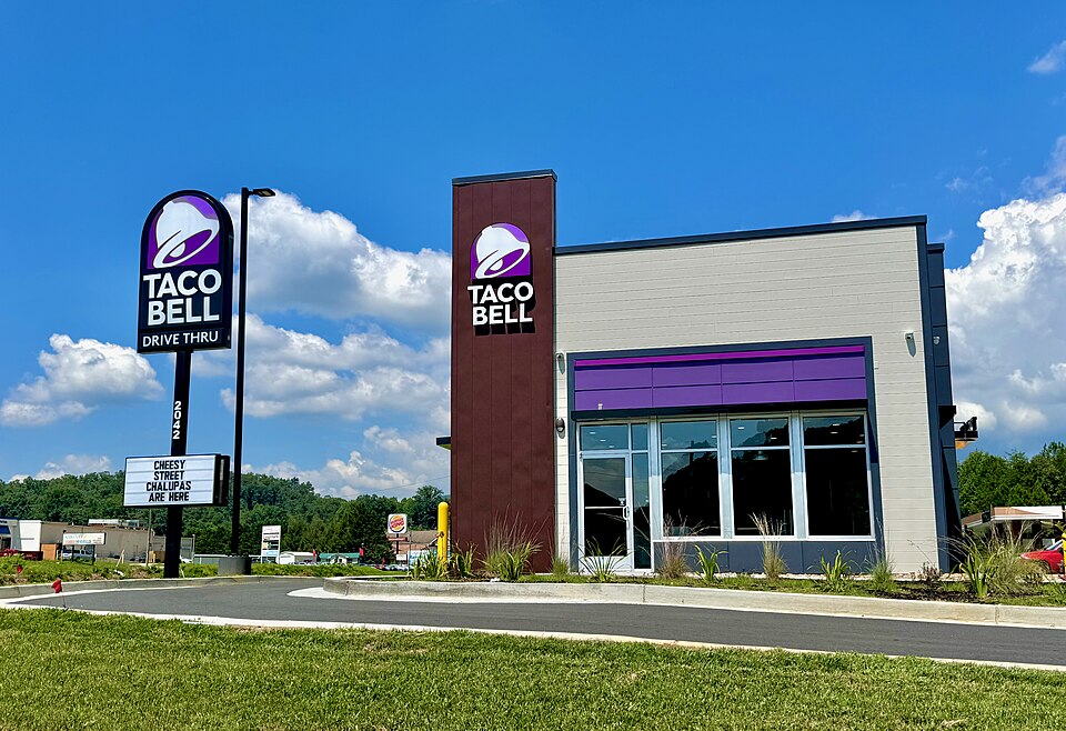 Exterior of a modern Taco Bell fast food restaurant chain location in Murphy, North Carolina