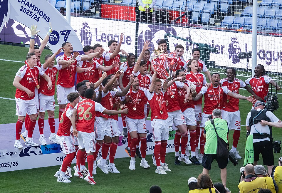Arsenal lift the Premier League trophy, 2026