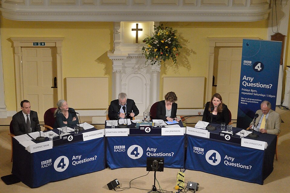 Just before the BBC Radio 4 Any Questions? programme started at the Nexus Methodist Church, Bath, on 15 January 2016. The panel included the joint chair of Labour's Defence Review Ken Livingstone, the chair of Progress Alison McGovern MP, Justice Minister Dominic Raab MP and the former Conservative