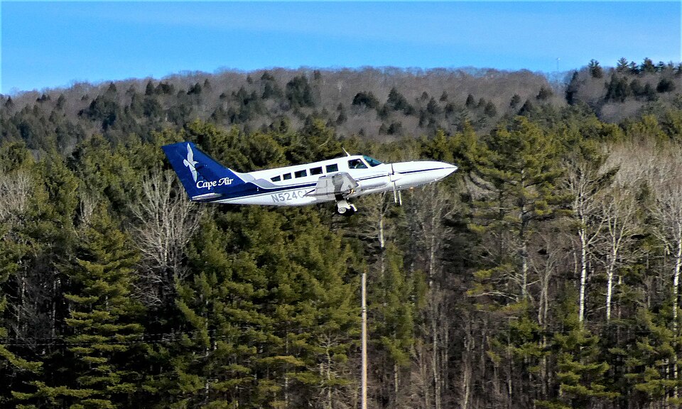 Cape Air, as of 2020 operates the largest fleet of Cessna 402 airliners in the world.  This is one of them taking off from Lebanon, NH, USA.