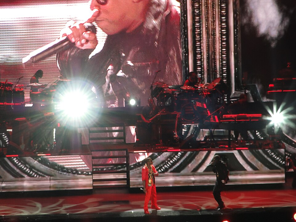 Kanye West and Jay-Z performing for a concert at the Yankee Stadium on on September 13, 2010 in New York City on the The Home &amp; Home Tour.