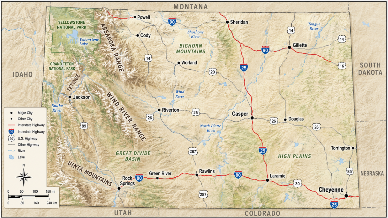 Geographic map of Wyoming showing major cities, interstate highways, U.S. routes, mountain ranges, rivers, national parks, and surrounding states.