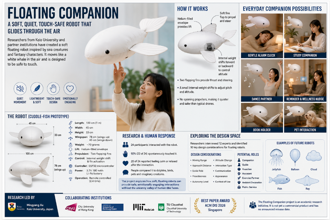 Infographic showing a soft white helium-filled floating robot with flapping fins, technical specifications, research findings, and possible uses including an alarm clock, study companion, dance partner, reminder system, book holder, and pet companion.