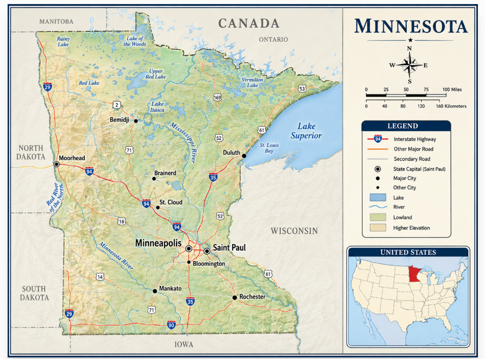 Detailed map of Minnesota showing major cities, interstate highways, rivers, lakes, terrain shading, a legend, and an inset map highlighting Minnesota’s location within the United States.