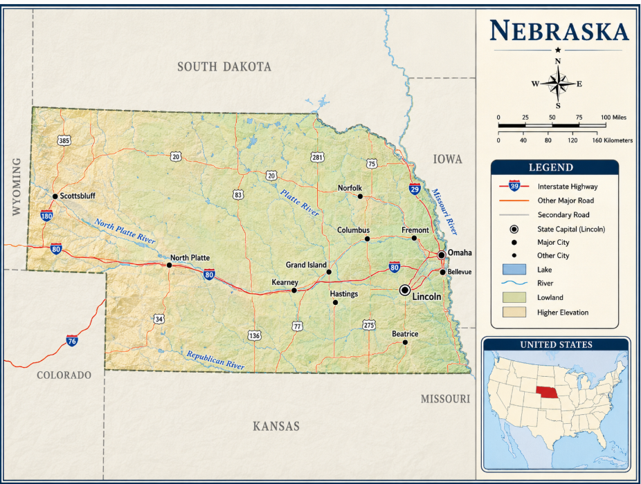 Detailed map of Nebraska showing major cities, interstate highways, rivers, terrain shading, a legend, and an inset map highlighting Nebraska’s location within the United States.