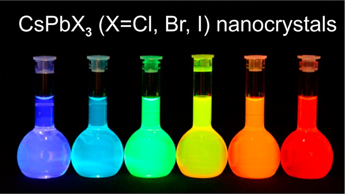 Photoluminescent cesium lead-halide perovskite nanocrystals (Nano Lett.  2015, 15, 6, 3692-3696. https://pubs.acs.org/doi/abs/10.1021/nl5048779)
The image was reproduced here with permission from the American Chemical Society (CC BY 4.0).  For further permission related to this excerpted image, plea