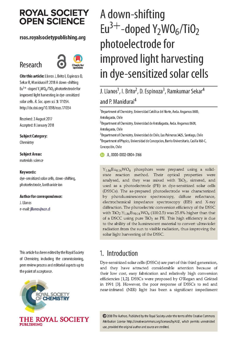 Llanos, J.; Brito, I.; Espinoza, D.; Sekar, Ramkumar; Manidurai, P. (2018). "A down-shifting Eu3+-doped Y2WO6/TiO2 photoelectrode for improved light harvesting in dye-sensitized solar cells". Royal Society Open Science. 5 (2): 171054. doi:10.1098/rsos.171054. ISSN 2054-5703. PMC 5830720. PMID 295158