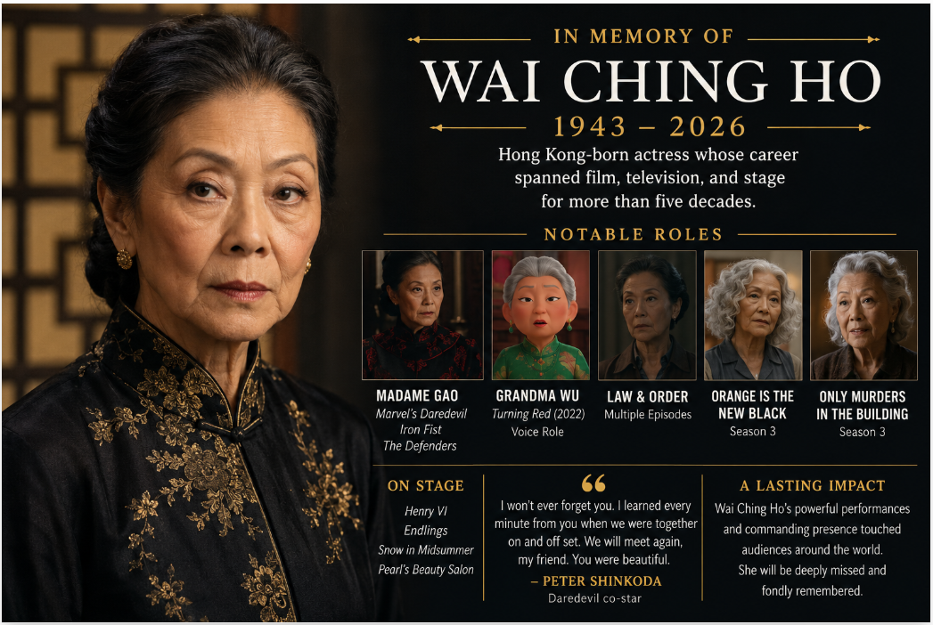 Illustrated memorial tribute to actress Wai Ching Ho, highlighting her career in Marvel’s Daredevil, Turning Red, Law and Order, Orange Is the New Black, and Only Murders in the Building.