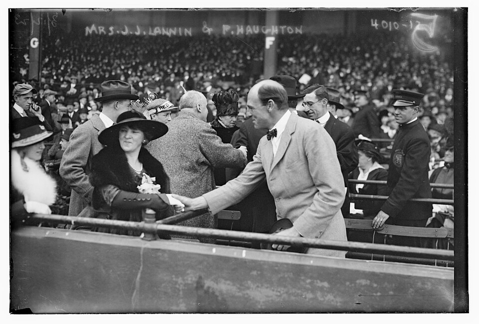Bain News Service,, publisher.
[Wife of Red Sox owner, J.J. Lannin &amp; Percy Haughton, pres. of Boston Braves (baseball)]
[1915]
1 negative : glass ; 5 x 7 in. or smaller.
Notes:
 Original data provided by the Bain News Service on the negatives or caption cards: Mrs. J.J. Lannin &amp; P. Houghton.