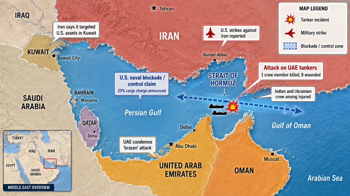 Wide political map of the Persian Gulf and Strait of Hormuz showing the reported attack on two UAE tankers, regional military strikes, a claimed U.S. naval blockade, and nearby countries including Iran, the United Arab Emirates, Oman, Kuwait, Saudi Arabia, Qatar, and Bahrain.
