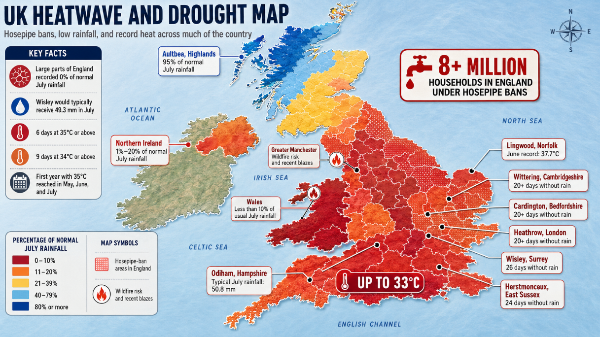 UK Heatwave Leaves Eight Million Homes Under Hosepipe Bans With No Rain Coming