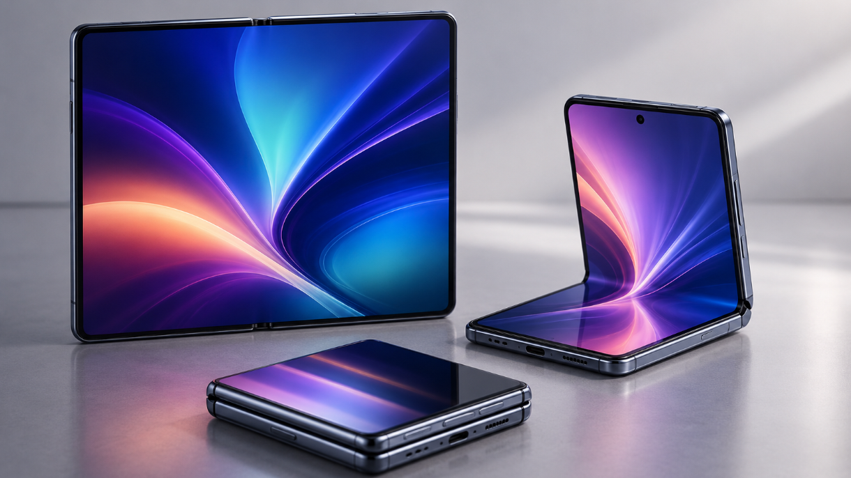 Three foldable smartphones shown fully open, partially folded, and closed, featuring vivid flexible displays, slim metallic frames, and modern hinge designs.