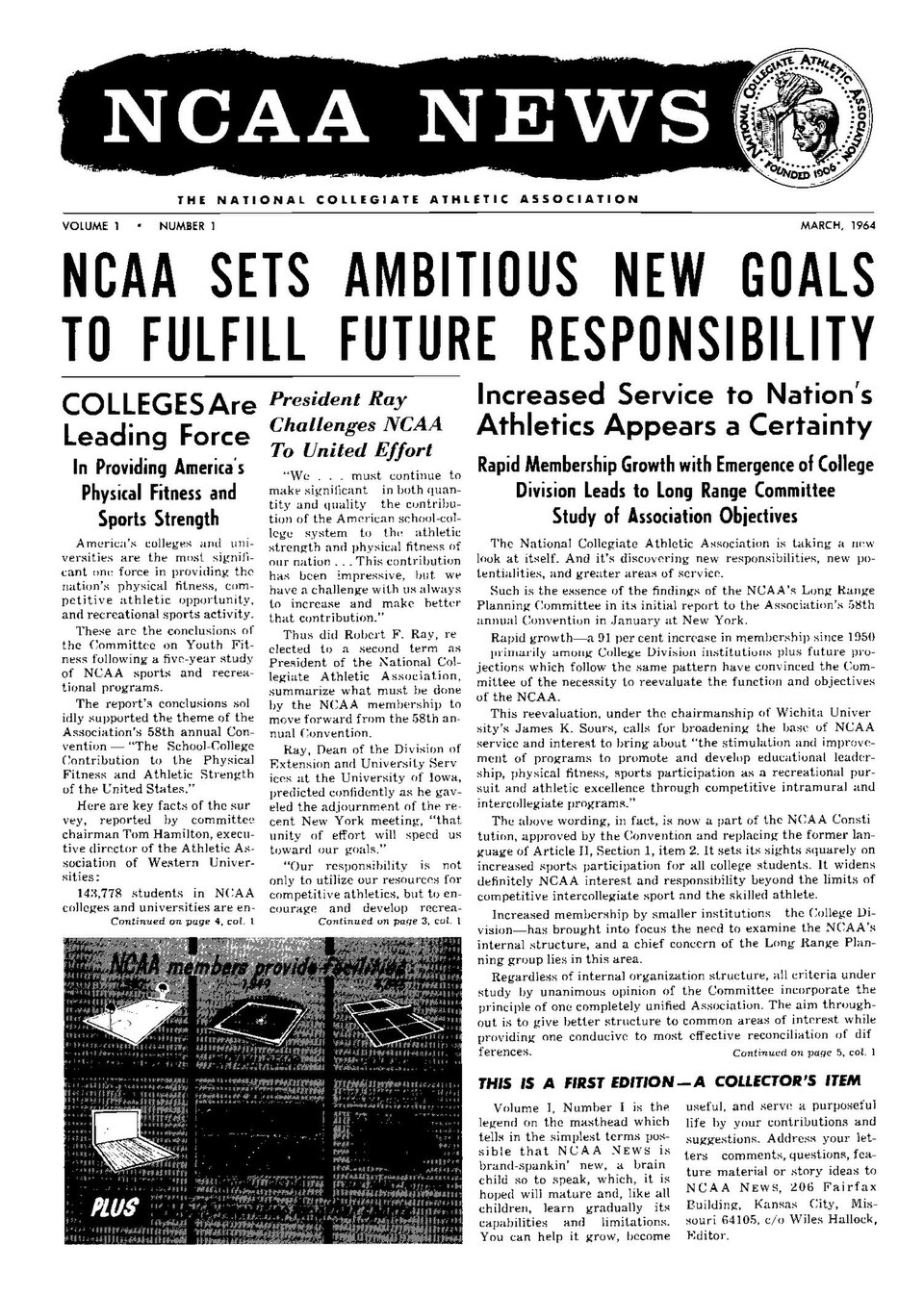 The first ever issue of the NCAA News, a newsletter for the National Collegiate Athletic Association, from March 1964