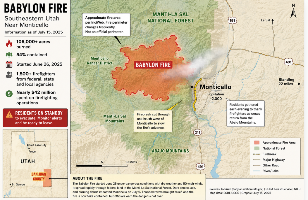 Utah's Babylon Fire Has Burned 106,000 Acres Over Three Weeks Near Monticello
