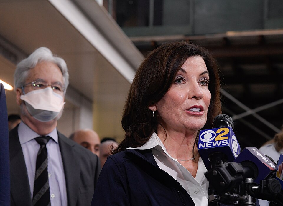 Gov. Kathy Hochul, Director of State Operations Kathryn Garcia, and MTA Chair &amp; CEO Janno Lieber ride a subway in Manhattan on Tuesday, Apr. 12, 2022. 
(Marc A. Hermann / MTA)