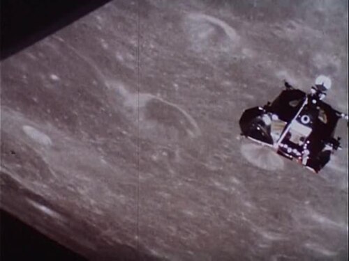 Lunar Module accent stage approach and rendezvous before docking with the command module in lunar orbit. From the film Moonwalk One.