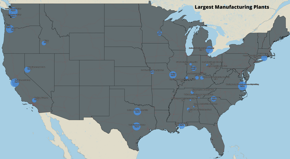 Largest manufacturing plants in the US based on number of employees employed at the plant