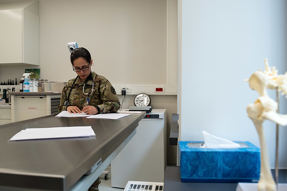 U.S. Maj. Aimee Hunter, chief of the Benelux Branch Veterinary Services, reports the results of her examination in the medical records of the military working dogs, assigned to the 100th MWD detachment, on Chièvres Air Base, Belgium, April 24, 2019. (U.S. Army photo by Pierre-Etienne Courtejoie)