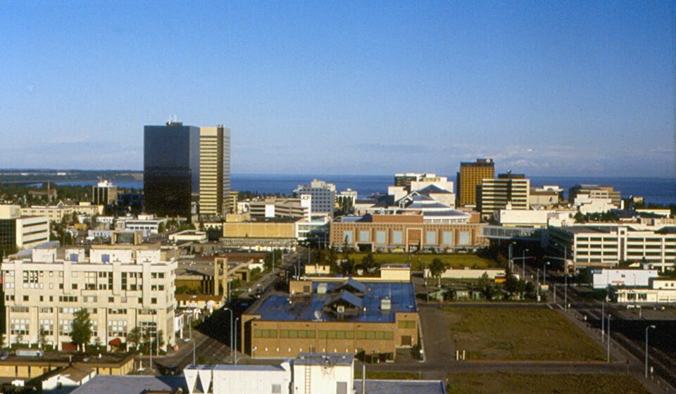 The main business district of Anchorage, looking west from the Sheraton Hotel.  The two large buildings on the left are oil company headquarters.