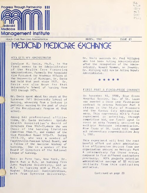 CMS issues in binder with title: The Medicaid management exchange (MMX) and Medicaid Medicare exchange newsletters compilation
Issues cover fiscal year; issues numbered each year starting with Issue #1
Description based on: Issue #1 (Oct. 1979); title from caption
Latest issue consulted: Issue #3 (M