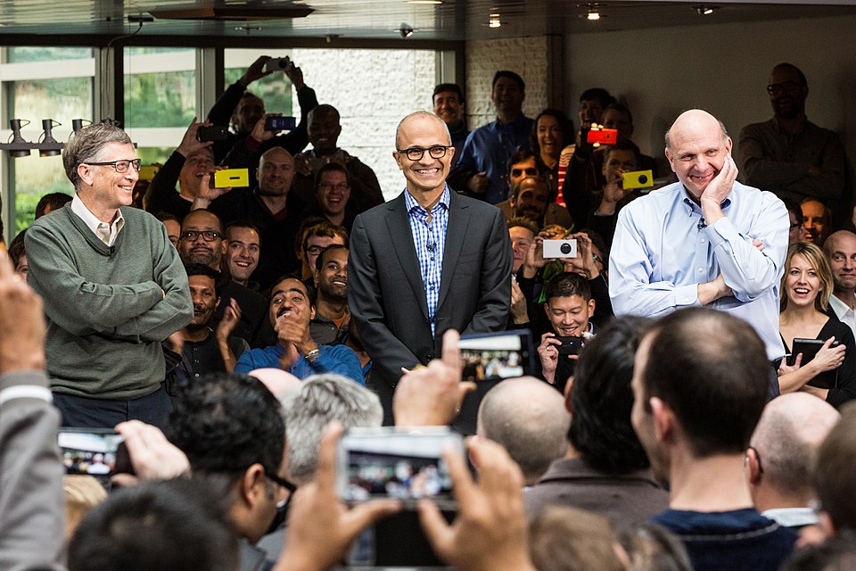 Microsoft CEOs:  Current and former.  L-R:  Bill Gates, Satya Nadella, Steve Ballmer, photographed on Nadella’s first day as CEO.