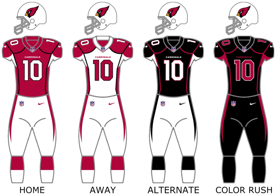 The uniforms of the Arizona Cardinals from 2010-2016, now including the Color Rush alternate that was added in 2017.