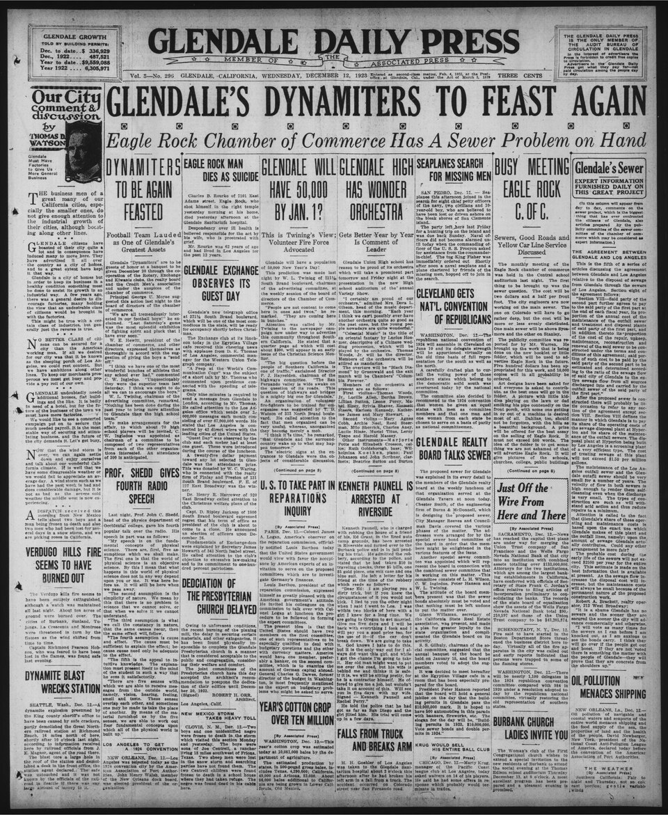 Note for IA: Image may appear dark or faded due to the nature of microfilm. Some text runs off the page, inherent to the original.Series Title: Glendale Daily PressDescription: Daily edition of the Weekly Press. These newspapers document the earliest history of Glendale as an incorporated city and t