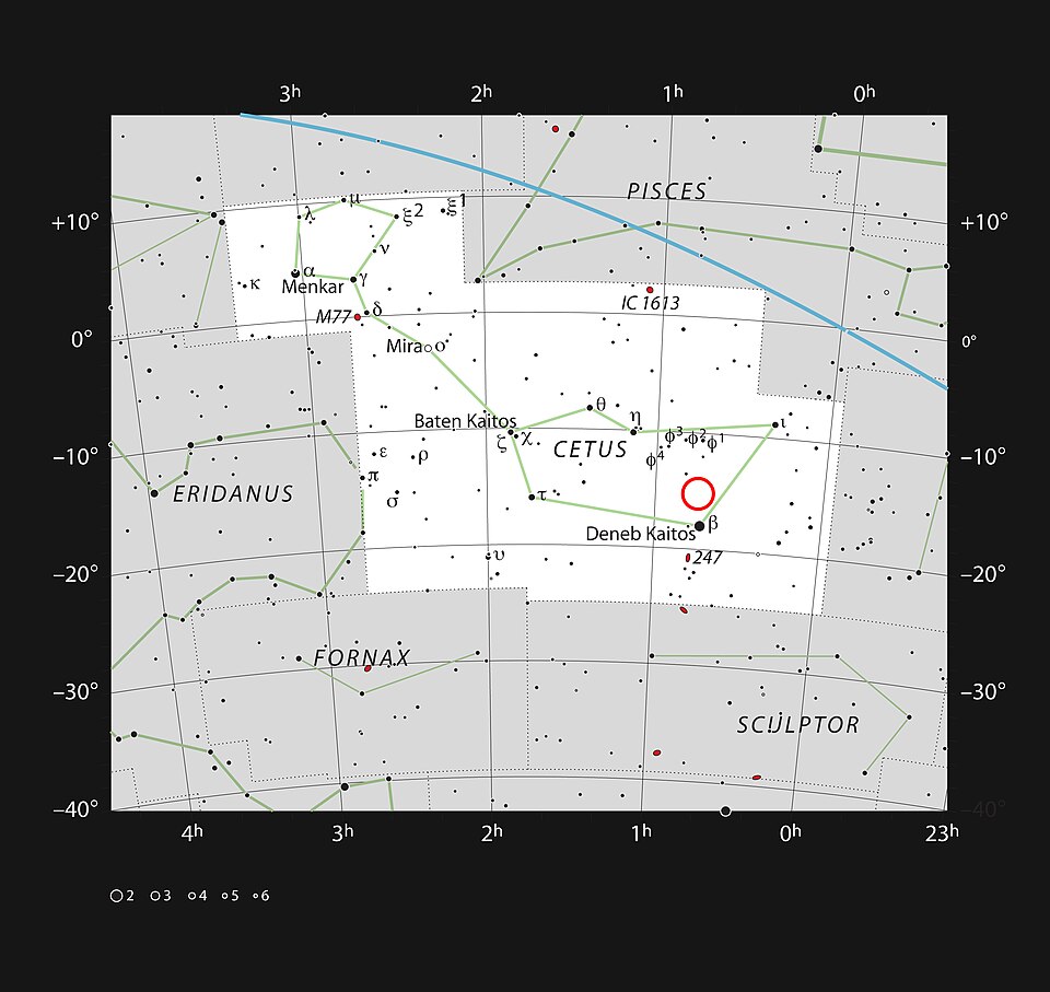 This chart shows the location of the faint red star LHS 1140 in the faint constellation of Cetus (The Sea Monster). This star is orbited by a super-Earth exoplanet called LHS 1140b, which may be best place to look for signs of life beyond the Solar System. The star is too faint to be seen in a small
