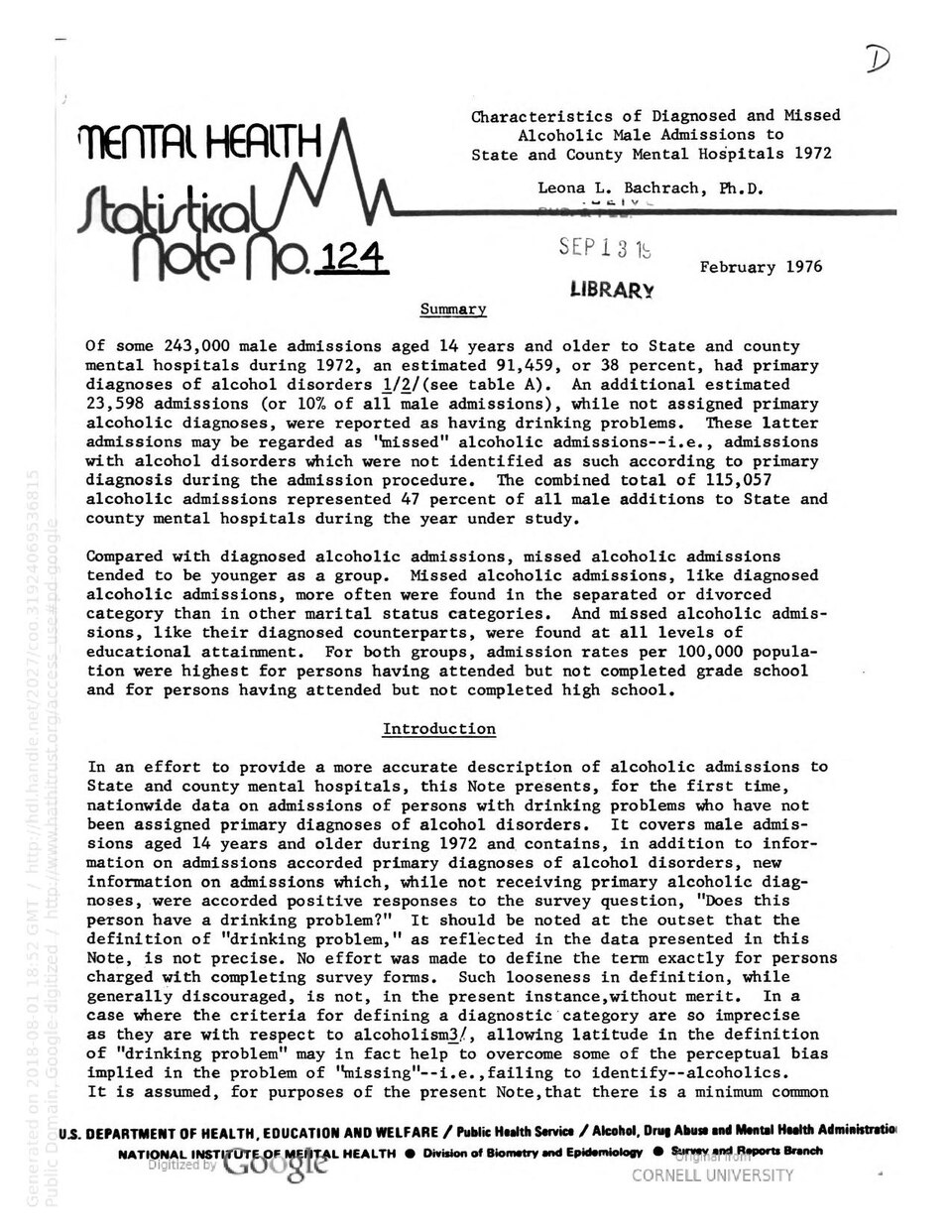 Characteristics of Diagnosed and Missed Alcoholic Male Admissions to State and County Mental hospitals – 1972