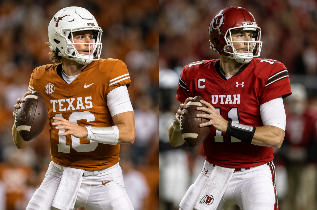 Texas quarterback Arch Manning and former Utah quarterback Alex Smith hold footballs in passing positions under stadium lights, illustrating comparisons between their playing styles.