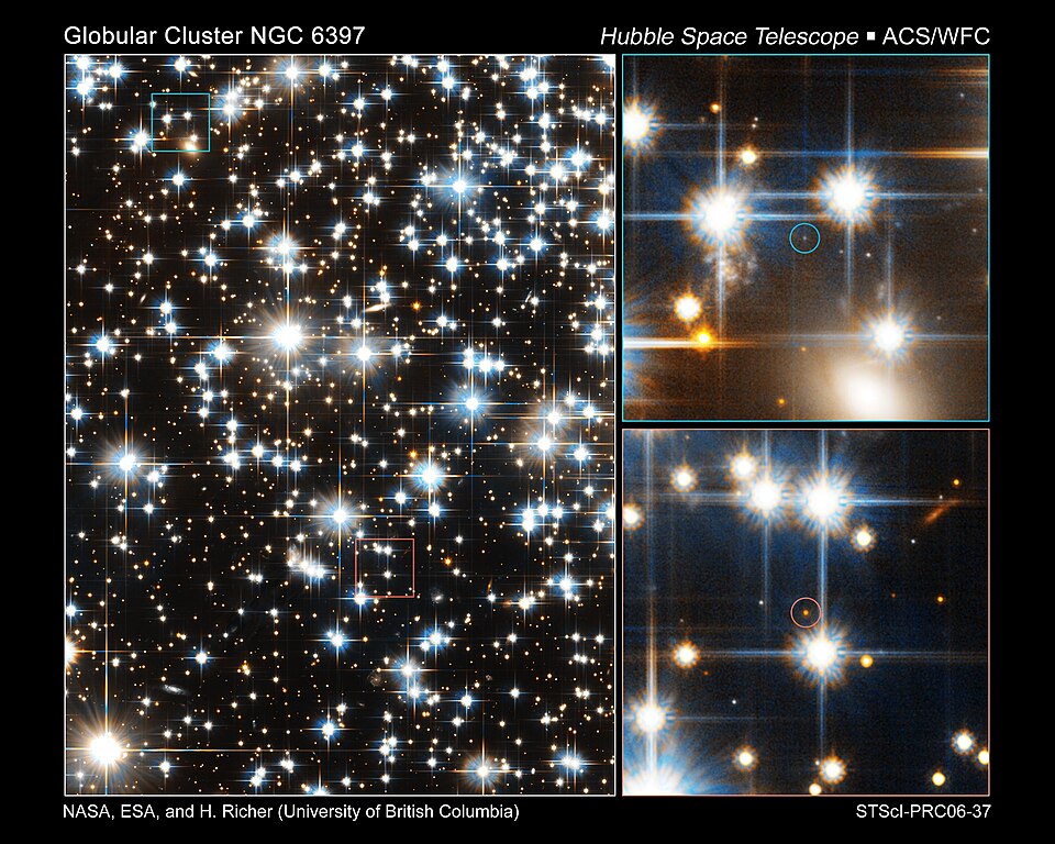 Looking like glittering jewels, the stars in this Hubble Space Telescope image at left are part of the ancient globular star cluster NGC 6397. Scattered among these brilliant stars are extremely faint stars. Hubble's Advanced Camera for Surveys has taken a census of the cluster stars, uncovering the