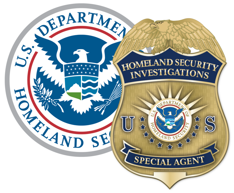 Image depicts DHS seal and HSI SA badge.