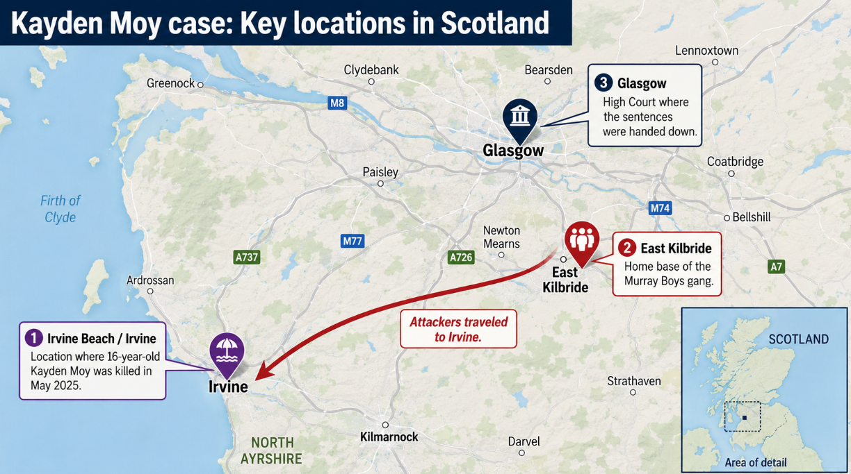 Wide map of west-central Scotland marking Irvine Beach, where Kayden Moy was killed, East Kilbride, where the attackers traveled from, and Glasgow High Court, where the teenagers were sentenced.