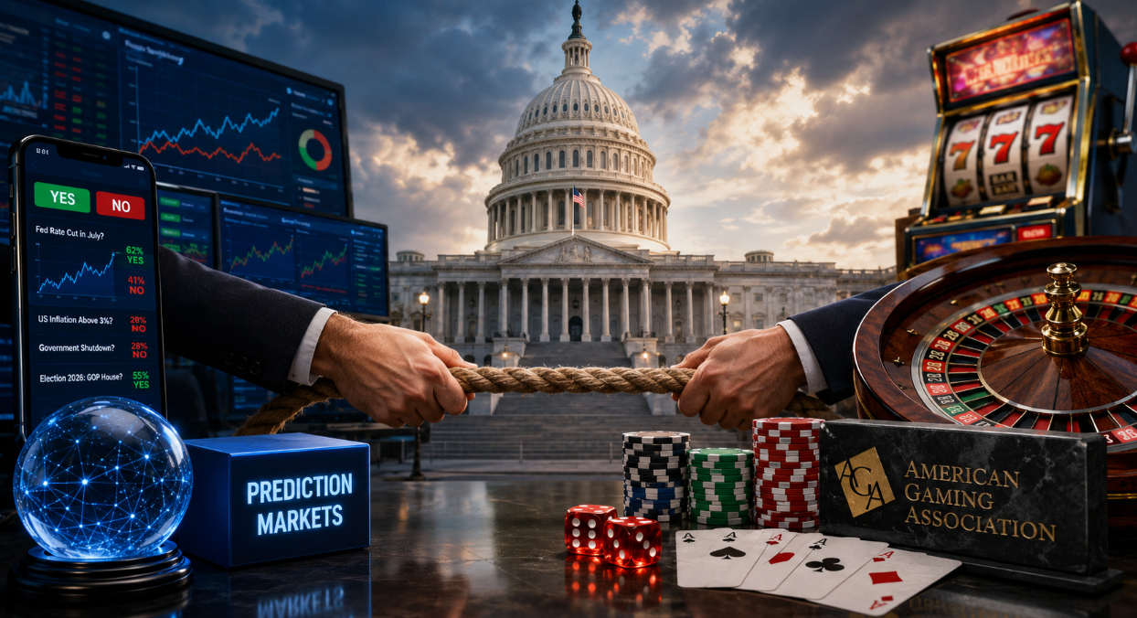 The U.S. Capitol stands between prediction market trading screens and casino gambling equipment as two sides pull on a rope, symbolizing a lobbying battle in Washington.