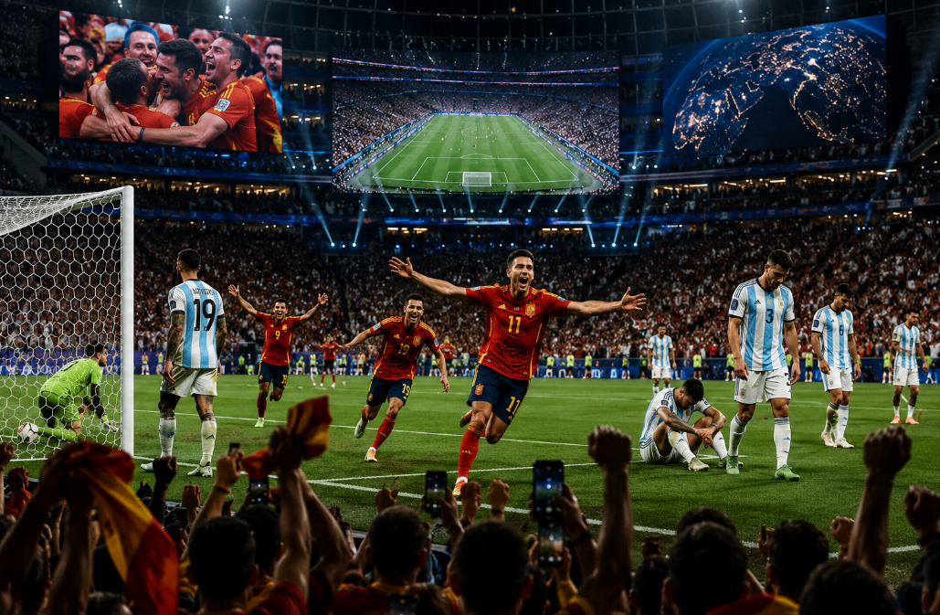 Spain players celebrate an extra-time goal against Argentina in a packed World Cup stadium as Argentine players react and fans record the historic final on their phones.