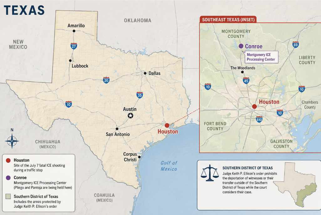 Map of Texas highlighting Houston, where a fatal ICE shooting occurred on July 7, and Conroe, where two witnesses are being held at the Montgomery ICE Processing Center.