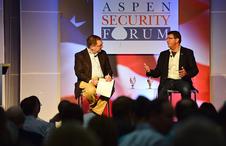 Deputy Secretary of Defense Ashton B. Carter, right, speaks with David Sanger, chief Washington correspondent for The New York Times, during a question and answer period at the annual Aspen Institute Security Forum in Aspen, Colo., on July 18, 2013.