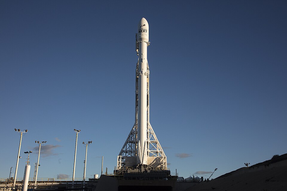 Falcon 9 with 10 Iridium NEXT communications satellites at Space Launch Complex 4E at Vandenberg Air Force Base, California.