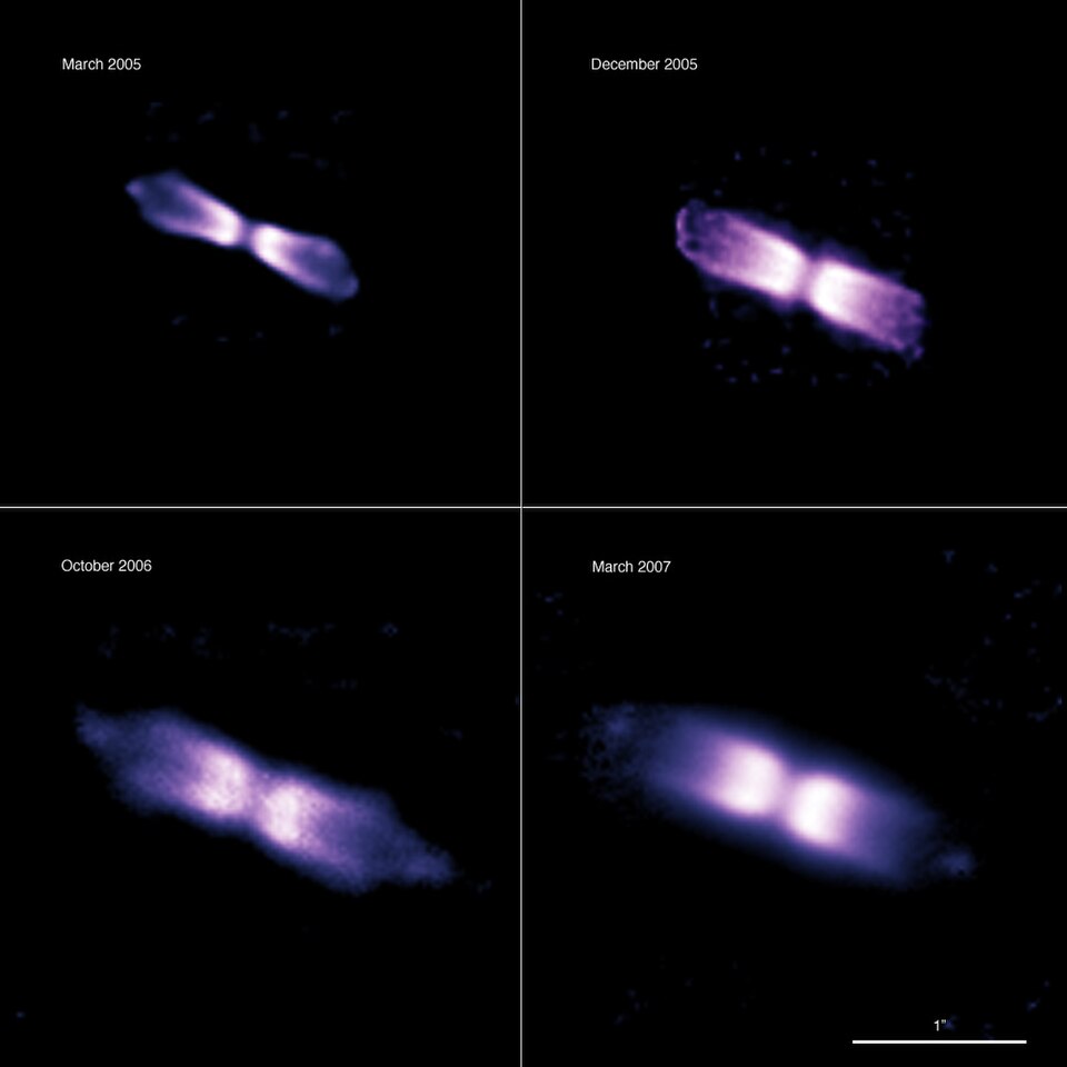 Using the NACO adaptive optics instrument on ESO’s Very Large Telescope and its ability to obtain images as sharp as if taken from space, astronomers have made the first time-lapse movie of a bipolar shell ejected by a “vampire star”, which underwent an outburst after gulping down part of its compan