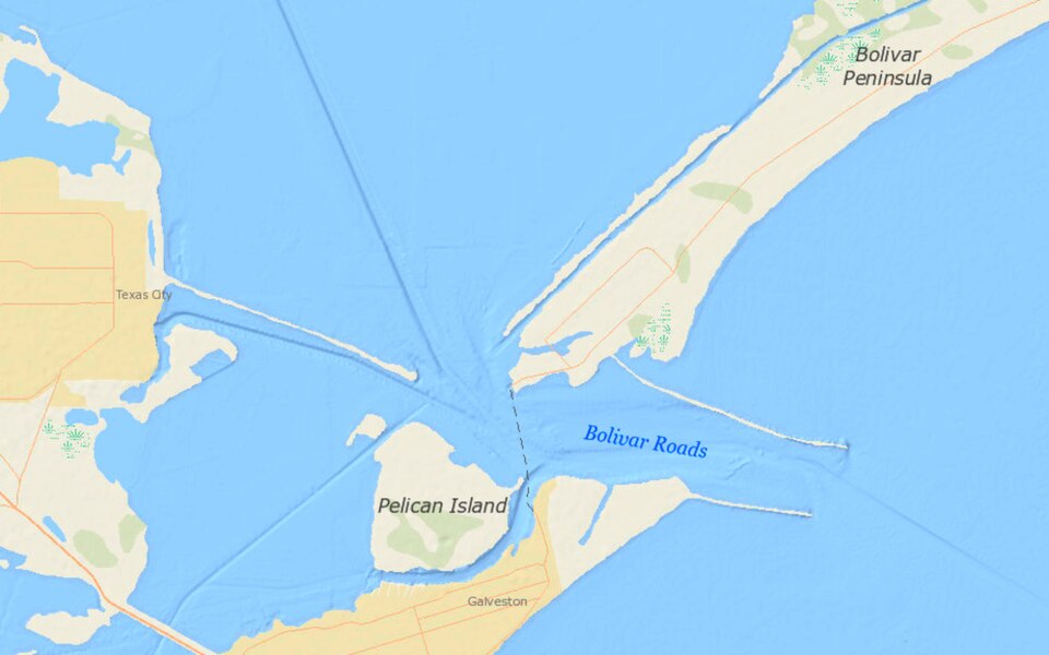 USGS map depicting Bolivar Roads at Bolivar Peninsula, Galveston Island, and Gulf of Mexico
