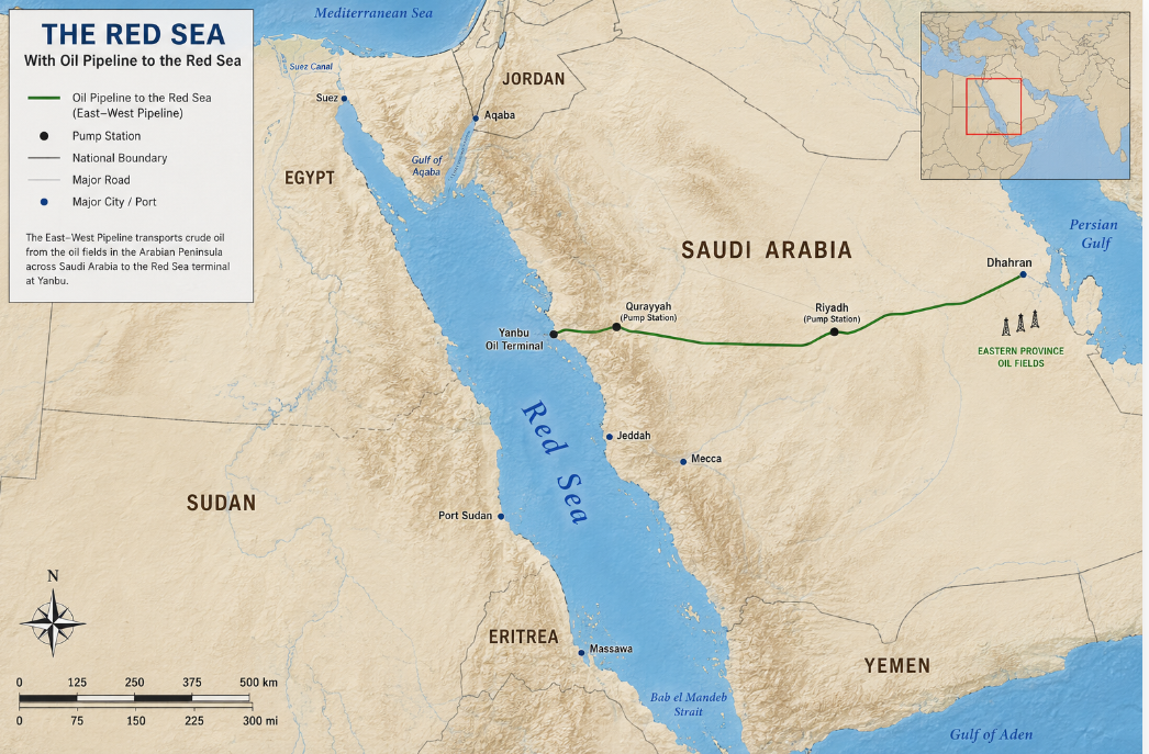 Wide geographic map of the Red Sea showing Saudi Arabia’s East-West oil pipeline running from the Eastern Province oil fields to the Yanbu oil terminal on the Red Sea coast.