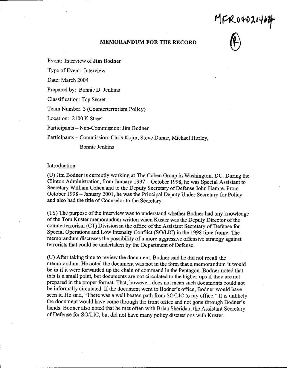 Memorandum for the Record (MFR) of an Interview with James Bodner of the Cohen Group Conducted by Team 3 - DPLA - beb2649acaf31bb72b373b9e30f57ded