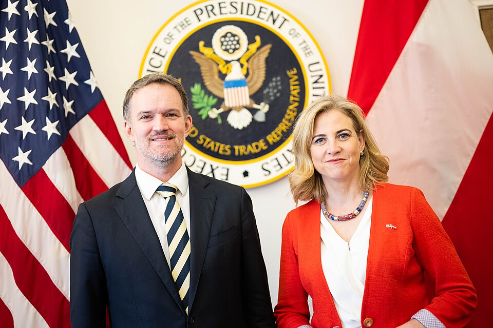Am 24. Juli 2025 traf Außenministerin Beate Meinl-Reisinger den US-Handelsbeauftragten Jamieson Greer in Washington DC. Foto: © BMEIA/ Michael Gruber